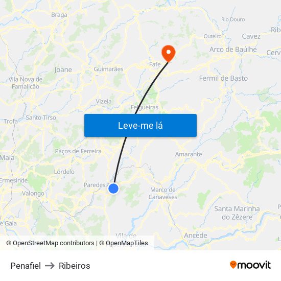 Penafiel to Ribeiros map