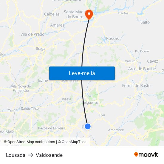 Lousada to Valdosende map