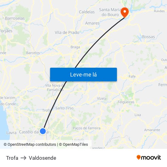 Trofa to Valdosende map
