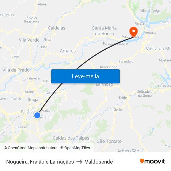 Nogueira, Fraião e Lamaçães to Valdosende map