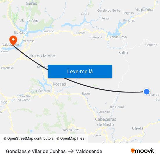 Gondiães e Vilar de Cunhas to Valdosende map