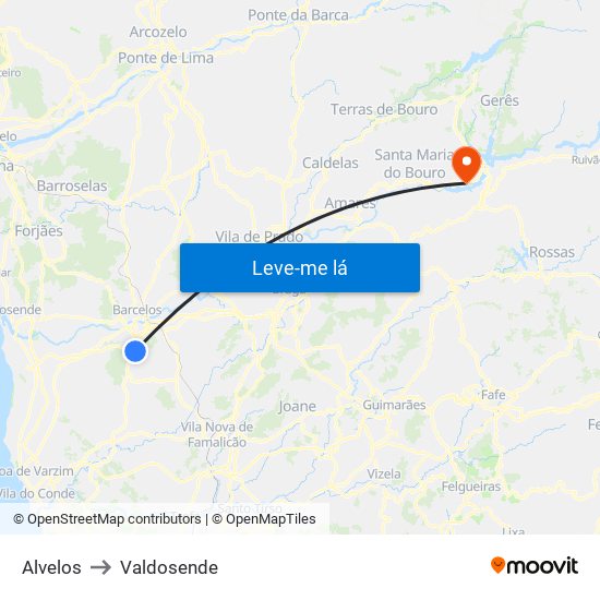 Alvelos to Valdosende map