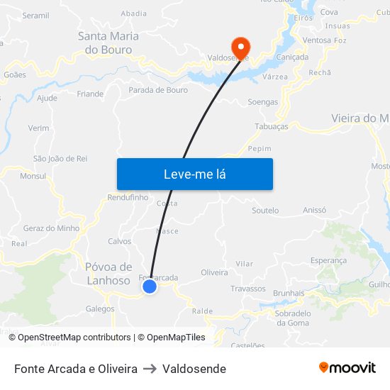 Fonte Arcada e Oliveira to Valdosende map