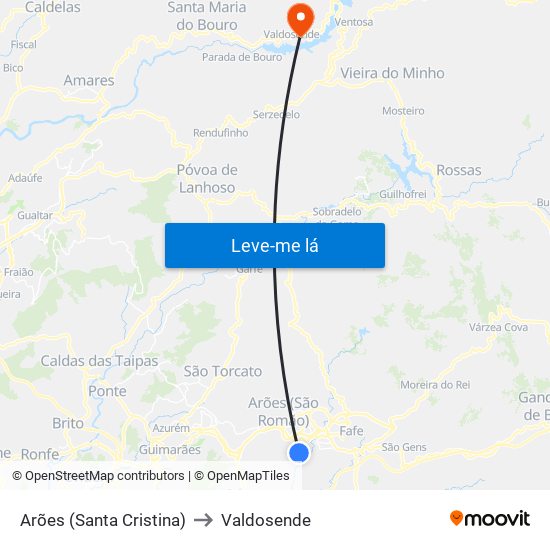 Arões (Santa Cristina) to Valdosende map
