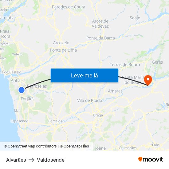 Alvarães to Valdosende map