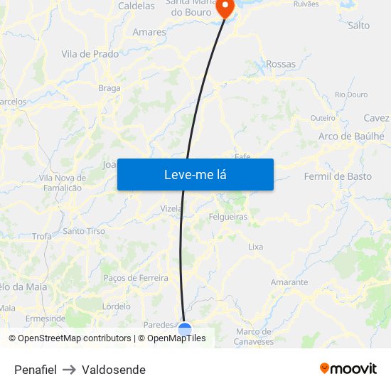 Penafiel to Valdosende map
