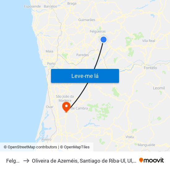 Felgueiras to Oliveira de Azeméis, Santiago de Riba-Ul, Ul, Macinhata da Seixa e Madail map
