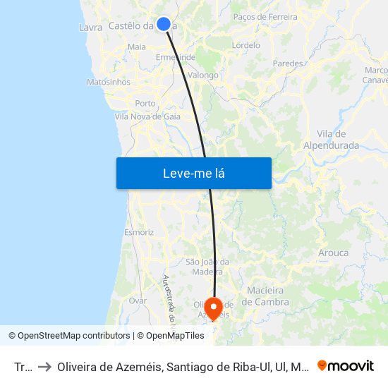Trofa to Oliveira de Azeméis, Santiago de Riba-Ul, Ul, Macinhata da Seixa e Madail map