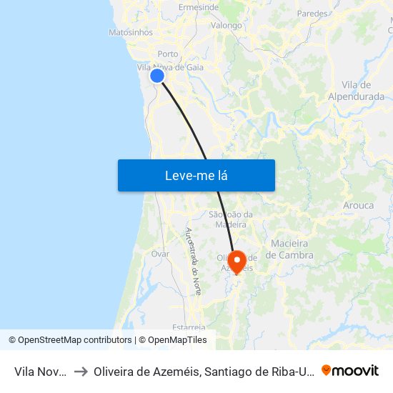 Vila Nova De Gaia to Oliveira de Azeméis, Santiago de Riba-Ul, Ul, Macinhata da Seixa e Madail map