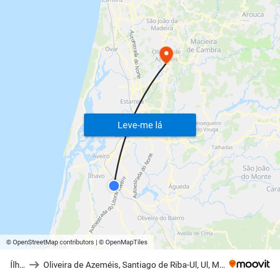Ílhavo to Oliveira de Azeméis, Santiago de Riba-Ul, Ul, Macinhata da Seixa e Madail map