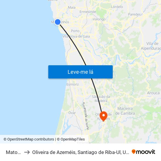 Matosinhos to Oliveira de Azeméis, Santiago de Riba-Ul, Ul, Macinhata da Seixa e Madail map