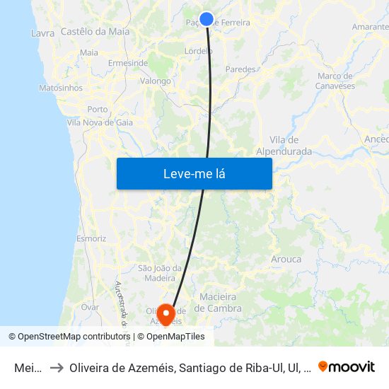 Meixomil to Oliveira de Azeméis, Santiago de Riba-Ul, Ul, Macinhata da Seixa e Madail map