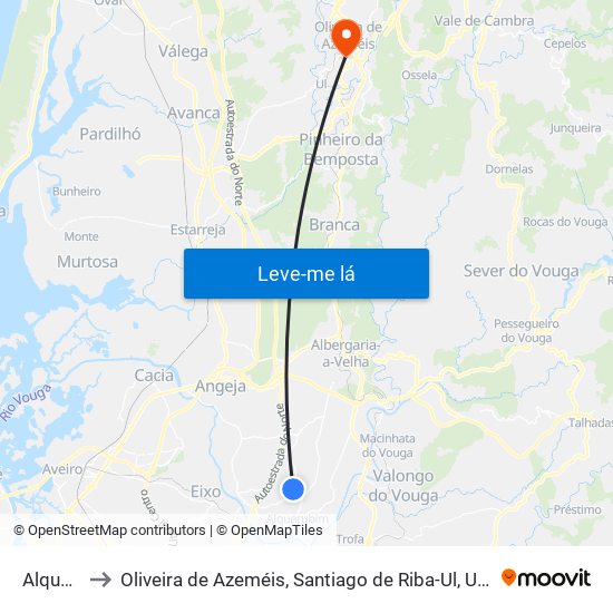 Alquerubim to Oliveira de Azeméis, Santiago de Riba-Ul, Ul, Macinhata da Seixa e Madail map