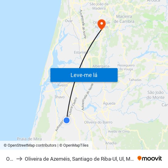 Ouca to Oliveira de Azeméis, Santiago de Riba-Ul, Ul, Macinhata da Seixa e Madail map
