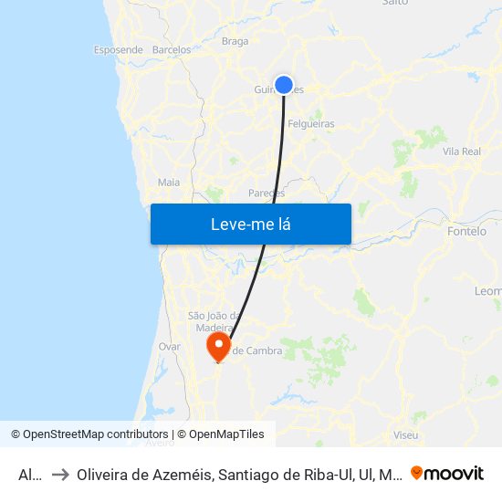 Aldão to Oliveira de Azeméis, Santiago de Riba-Ul, Ul, Macinhata da Seixa e Madail map