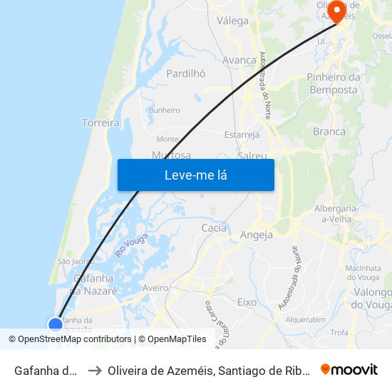 Gafanha da Encarnação to Oliveira de Azeméis, Santiago de Riba-Ul, Ul, Macinhata da Seixa e Madail map