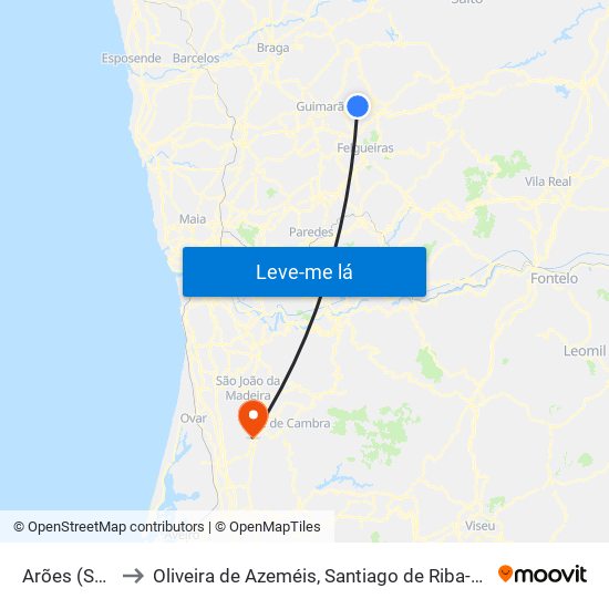 Arões (São Romão) to Oliveira de Azeméis, Santiago de Riba-Ul, Ul, Macinhata da Seixa e Madail map
