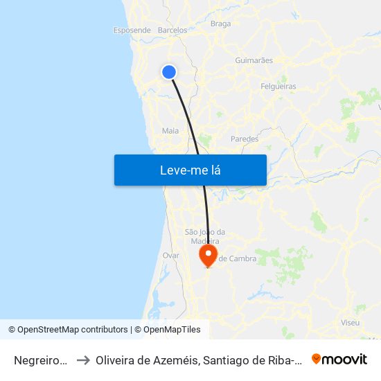 Negreiros e Chavão to Oliveira de Azeméis, Santiago de Riba-Ul, Ul, Macinhata da Seixa e Madail map