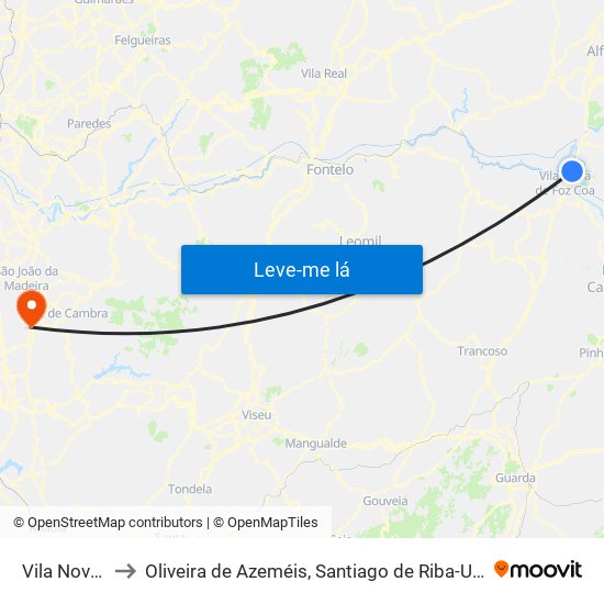Vila Nova Foz Coa to Oliveira de Azeméis, Santiago de Riba-Ul, Ul, Macinhata da Seixa e Madail map
