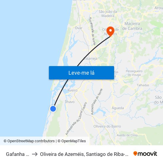 Gafanha do Carmo to Oliveira de Azeméis, Santiago de Riba-Ul, Ul, Macinhata da Seixa e Madail map