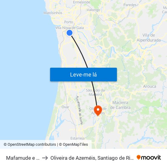 Mafamude e Vilar do Paraíso to Oliveira de Azeméis, Santiago de Riba-Ul, Ul, Macinhata da Seixa e Madail map