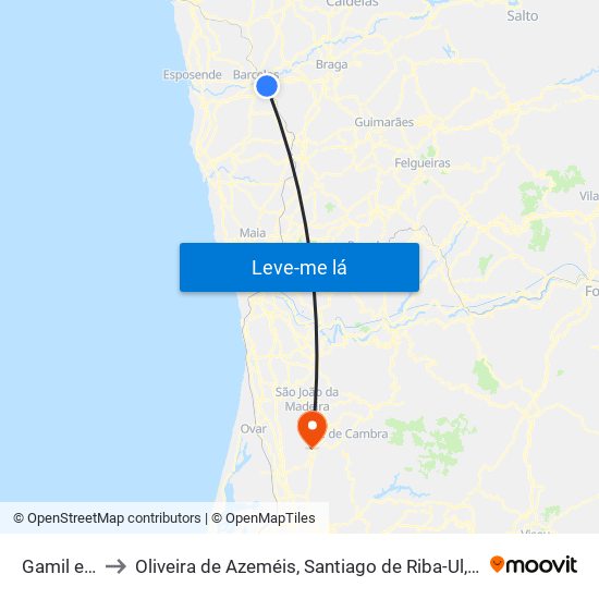 Gamil e Midões to Oliveira de Azeméis, Santiago de Riba-Ul, Ul, Macinhata da Seixa e Madail map