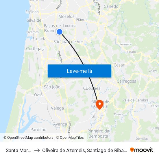 Santa Maria de Lamas to Oliveira de Azeméis, Santiago de Riba-Ul, Ul, Macinhata da Seixa e Madail map