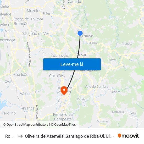 Romariz to Oliveira de Azeméis, Santiago de Riba-Ul, Ul, Macinhata da Seixa e Madail map