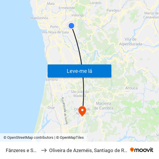 Fânzeres e São Pedro da Cova to Oliveira de Azeméis, Santiago de Riba-Ul, Ul, Macinhata da Seixa e Madail map