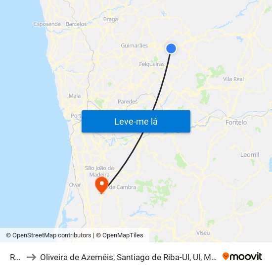 Rego to Oliveira de Azeméis, Santiago de Riba-Ul, Ul, Macinhata da Seixa e Madail map