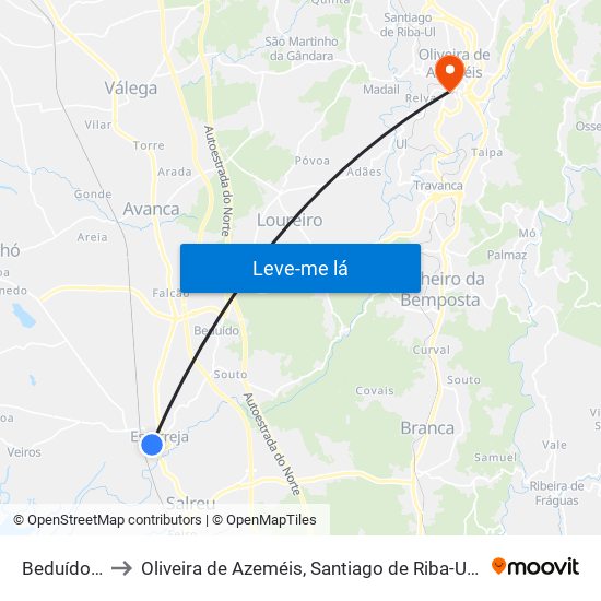 Beduído e Veiros to Oliveira de Azeméis, Santiago de Riba-Ul, Ul, Macinhata da Seixa e Madail map