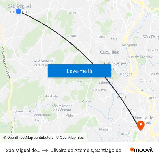 São Miguel do Souto e Mosteirô to Oliveira de Azeméis, Santiago de Riba-Ul, Ul, Macinhata da Seixa e Madail map