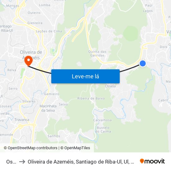 Ossela to Oliveira de Azeméis, Santiago de Riba-Ul, Ul, Macinhata da Seixa e Madail map