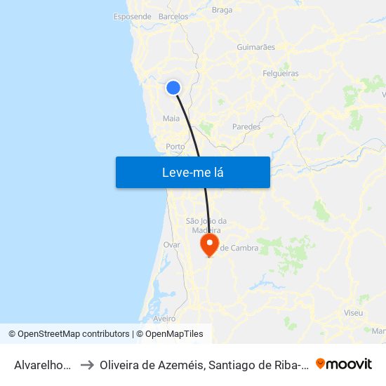 Alvarelhos e Guidões to Oliveira de Azeméis, Santiago de Riba-Ul, Ul, Macinhata da Seixa e Madail map