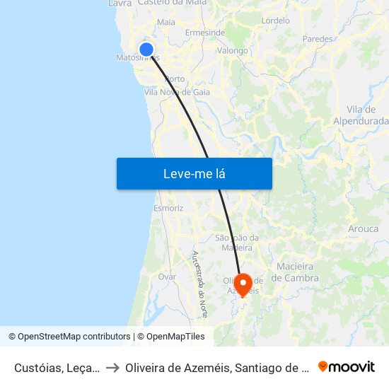 Custóias, Leça do Balio e Guifões to Oliveira de Azeméis, Santiago de Riba-Ul, Ul, Macinhata da Seixa e Madail map