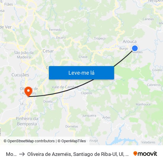 Moldes to Oliveira de Azeméis, Santiago de Riba-Ul, Ul, Macinhata da Seixa e Madail map