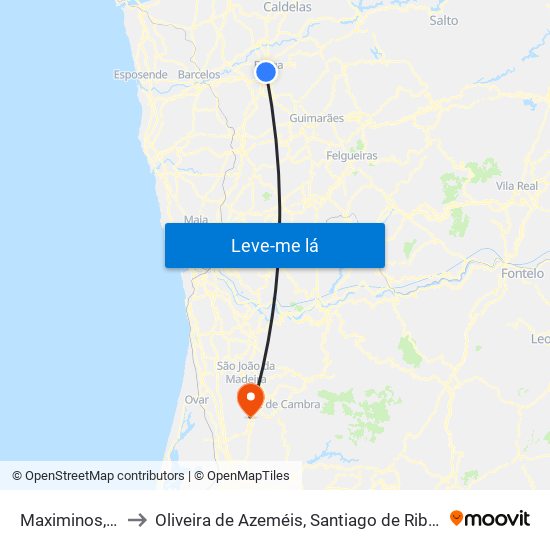 Maximinos, Sé e Cividade to Oliveira de Azeméis, Santiago de Riba-Ul, Ul, Macinhata da Seixa e Madail map