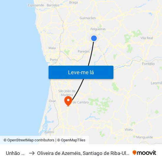 Unhão e Lordelo to Oliveira de Azeméis, Santiago de Riba-Ul, Ul, Macinhata da Seixa e Madail map