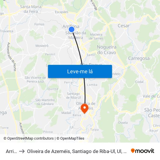 Arrifana to Oliveira de Azeméis, Santiago de Riba-Ul, Ul, Macinhata da Seixa e Madail map