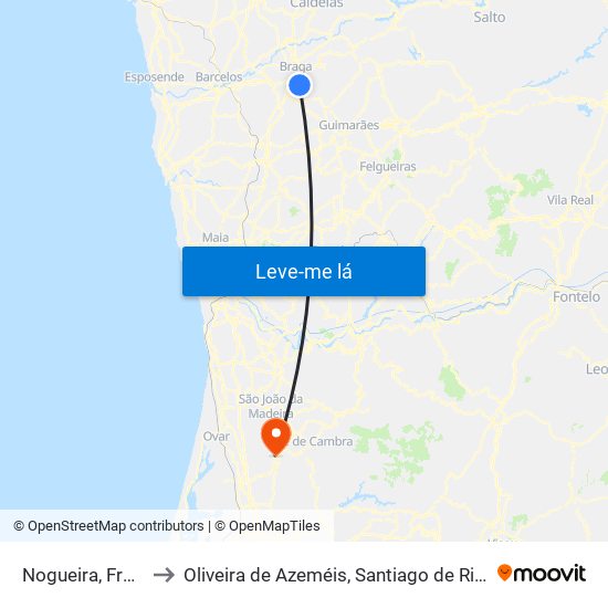 Nogueira, Fraião e Lamaçães to Oliveira de Azeméis, Santiago de Riba-Ul, Ul, Macinhata da Seixa e Madail map