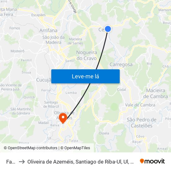 Fajões to Oliveira de Azeméis, Santiago de Riba-Ul, Ul, Macinhata da Seixa e Madail map