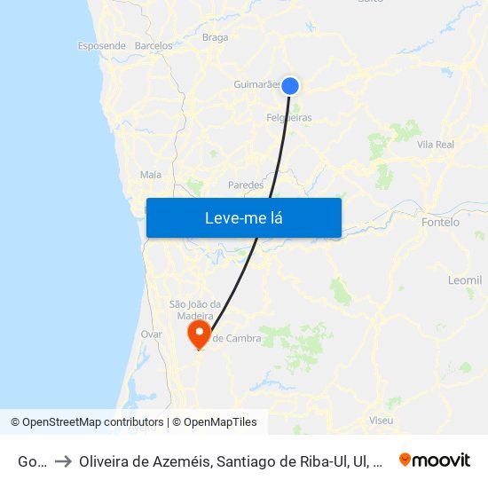 Golães to Oliveira de Azeméis, Santiago de Riba-Ul, Ul, Macinhata da Seixa e Madail map