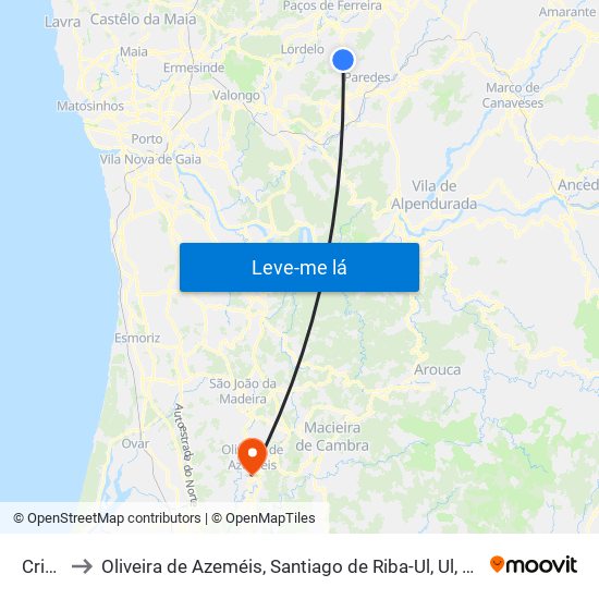 Cristelo to Oliveira de Azeméis, Santiago de Riba-Ul, Ul, Macinhata da Seixa e Madail map