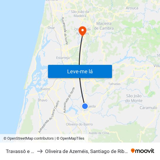 Travassô e Óis da Ribeira to Oliveira de Azeméis, Santiago de Riba-Ul, Ul, Macinhata da Seixa e Madail map