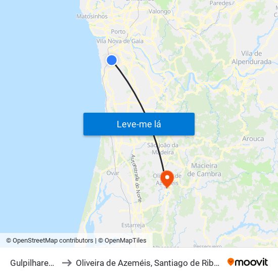 Gulpilhares e Valadares to Oliveira de Azeméis, Santiago de Riba-Ul, Ul, Macinhata da Seixa e Madail map