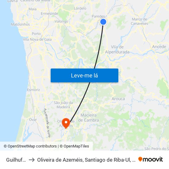 Guilhufe e Urrô to Oliveira de Azeméis, Santiago de Riba-Ul, Ul, Macinhata da Seixa e Madail map