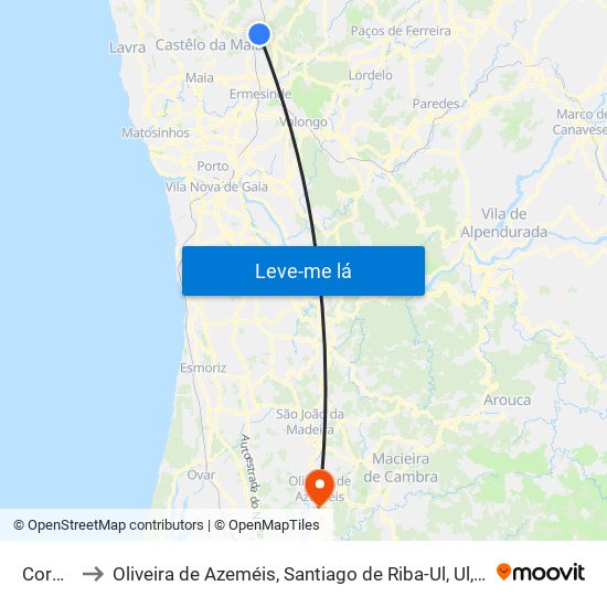 Coronado to Oliveira de Azeméis, Santiago de Riba-Ul, Ul, Macinhata da Seixa e Madail map