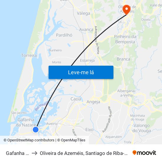 Gafanha da Nazaré to Oliveira de Azeméis, Santiago de Riba-Ul, Ul, Macinhata da Seixa e Madail map