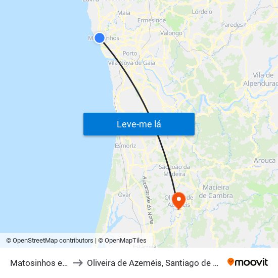 Matosinhos e Leça da Palmeira to Oliveira de Azeméis, Santiago de Riba-Ul, Ul, Macinhata da Seixa e Madail map