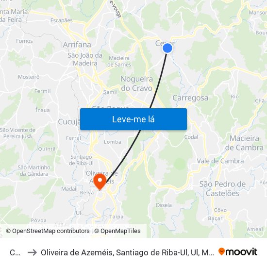 Cesar to Oliveira de Azeméis, Santiago de Riba-Ul, Ul, Macinhata da Seixa e Madail map
